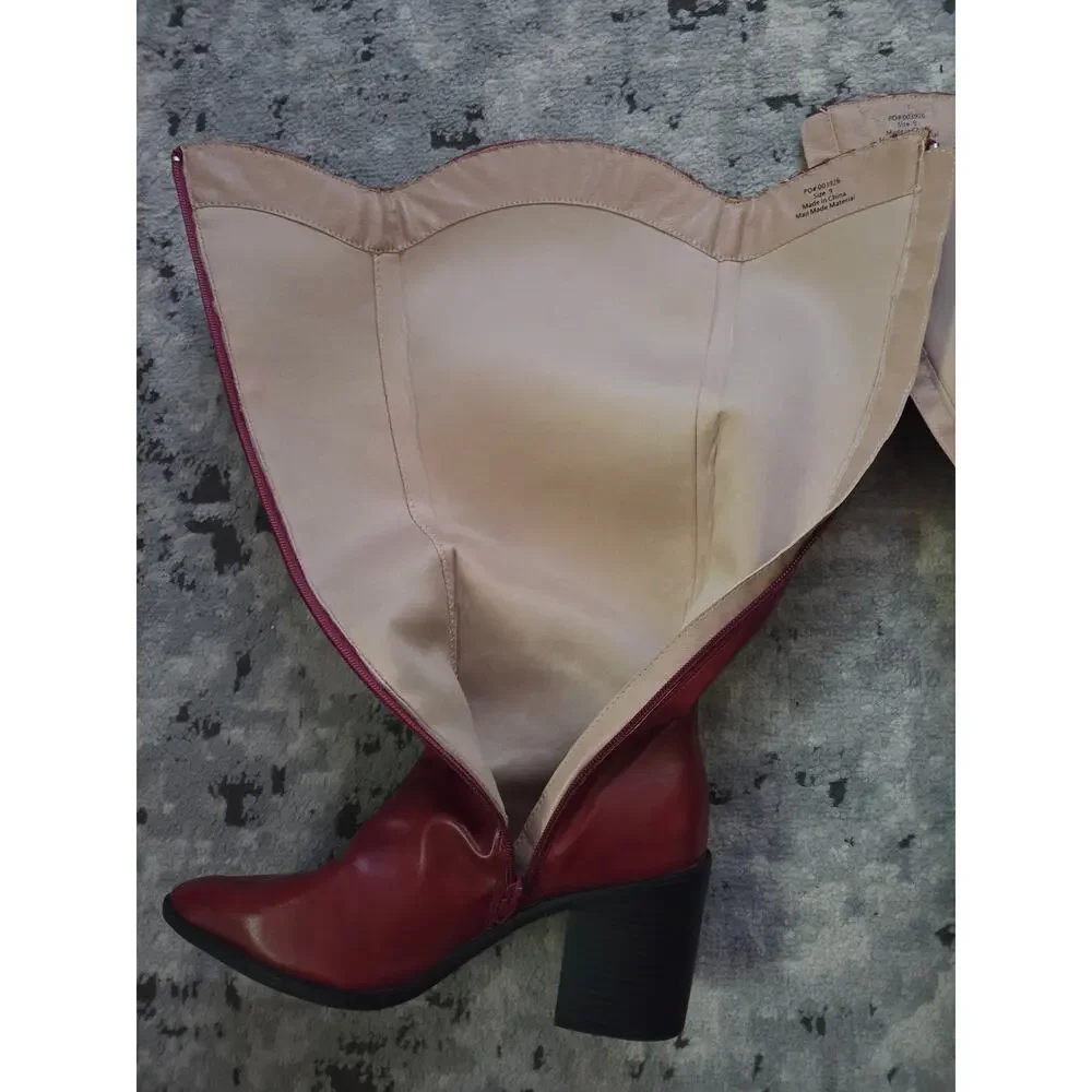 Red Burgundy Knee-High Patent Vegan Leather Boots Western Party Sexy Moto